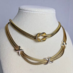 Vintage Double Strand Gold Tone Necklace Lot Avon X & Knot Tie 16-18" Costume